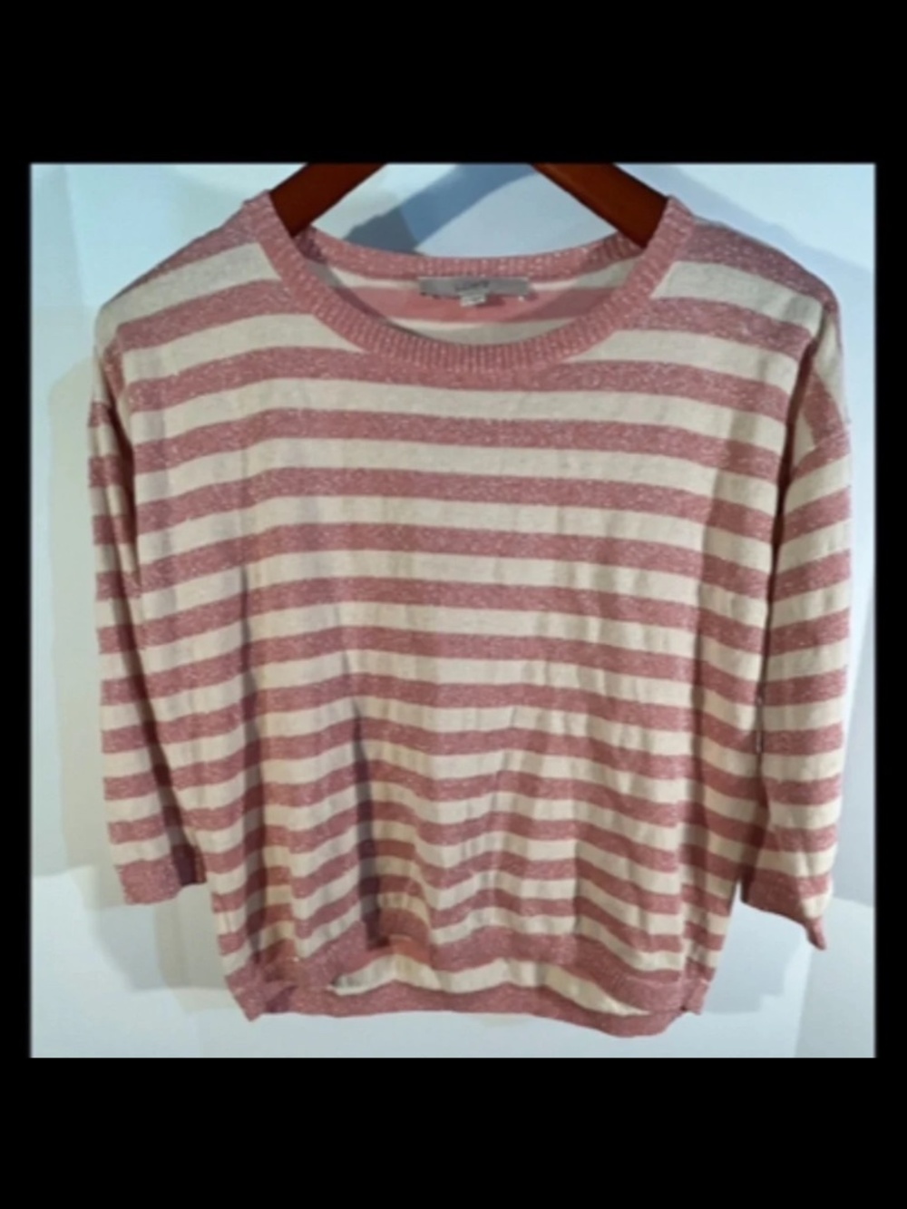 Ann Taylor Loft Linen Blend Striped Shimmer Crew Neck Sweater Pink/Cream Size S